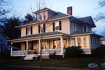 This Titusville, NJ home from the 1890's predates Craftsman style but has arts and Crafts features including wide eaves and a large front porch