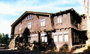 Stone, logs and shingles give Riordan Mansion (1904) a very rustic look, while the stained glass panels above each window bring coloful light into the home.