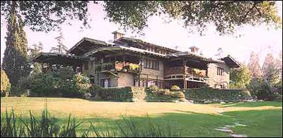 David B. Gamble house 4 Westmoreland Place, 1908-1909. The Gamble house achieves its low, sensitive relationship to the rolling site through the utilization of horizontals expressed in the cantilevers, roof lines, broad bands of casement windows, sleeping porches, outdoor terraces, and wide stairways.