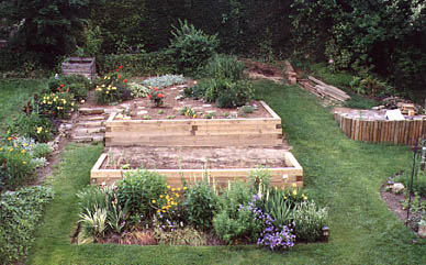 All that dirt from the big hill and patio dig had to go somewhere. By the fourth year we had completed the terraced foundation for the upper yard.